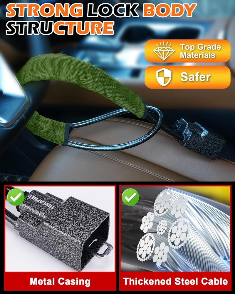 Tevlaphee Steering Wheel Lock Seat Belt Lock Universal Anti Theft Car Device Car Lock Car Theft Prevention with 3 Keys for Car Security Fit Most Vehicles Truck SUV Van (Green) - Image 5